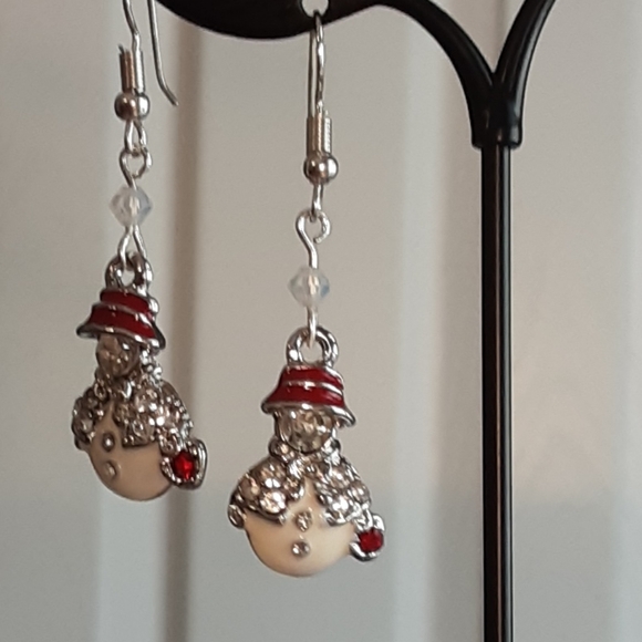 Hand Crafted Snowman Earrings White Red Christmas Winter Holiday Pierced - Picture 2 of 2
